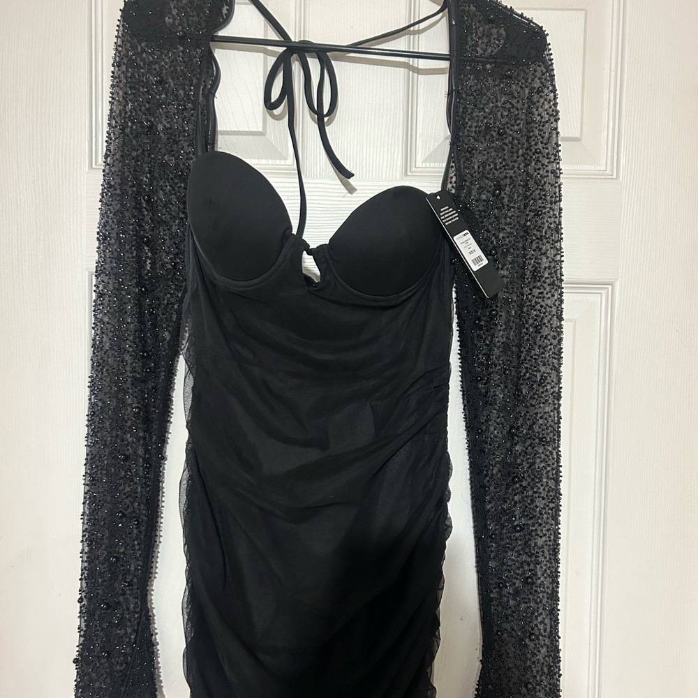 Elegant Black Dress with Sheer Sleeves
